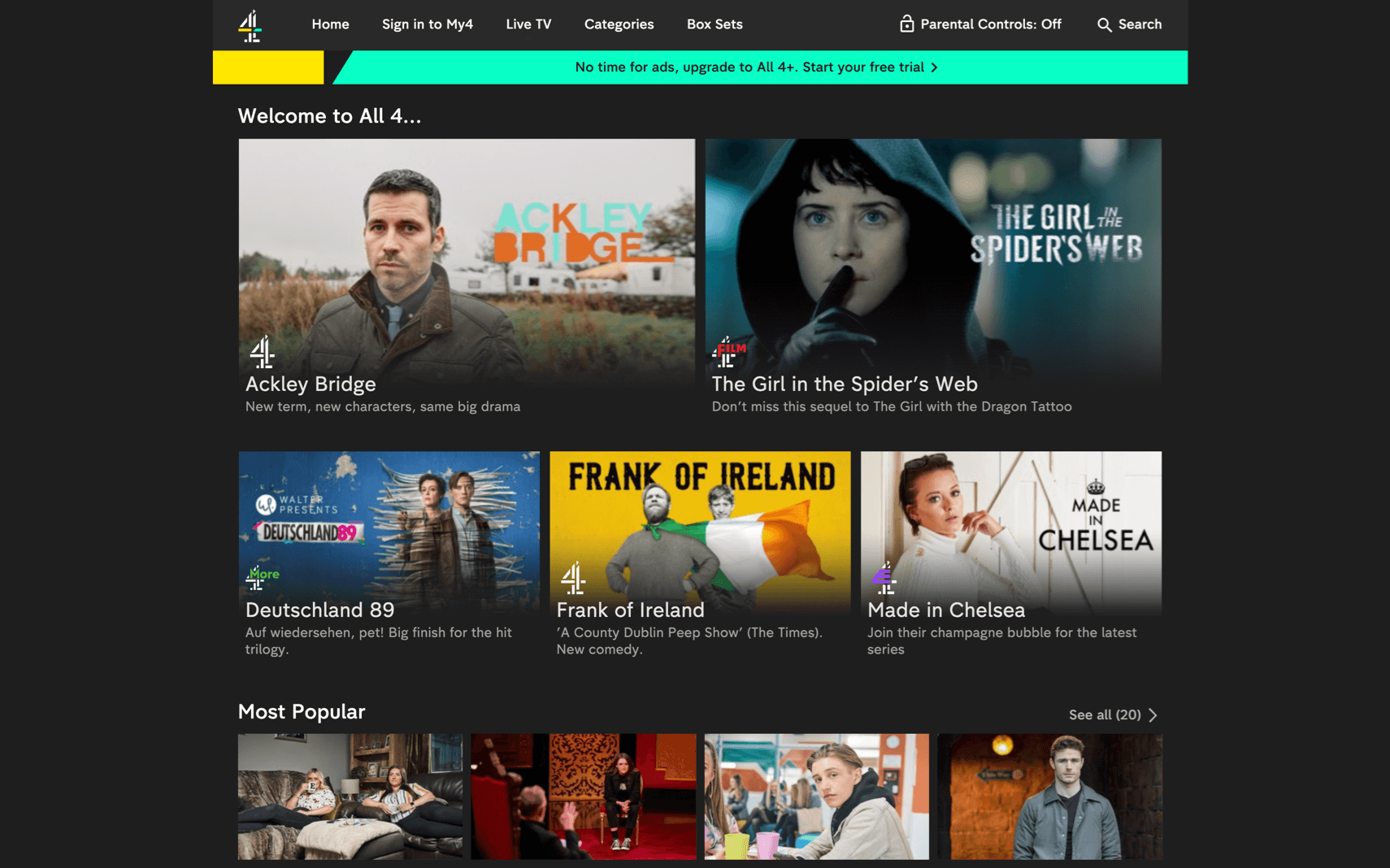 Channel 4 UK All 4 -sovelluksen etusivu ja sen tarjoamaa ohjelmistoa